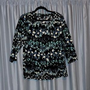 Worthington Black and Blue Floral Long Sleeve Top